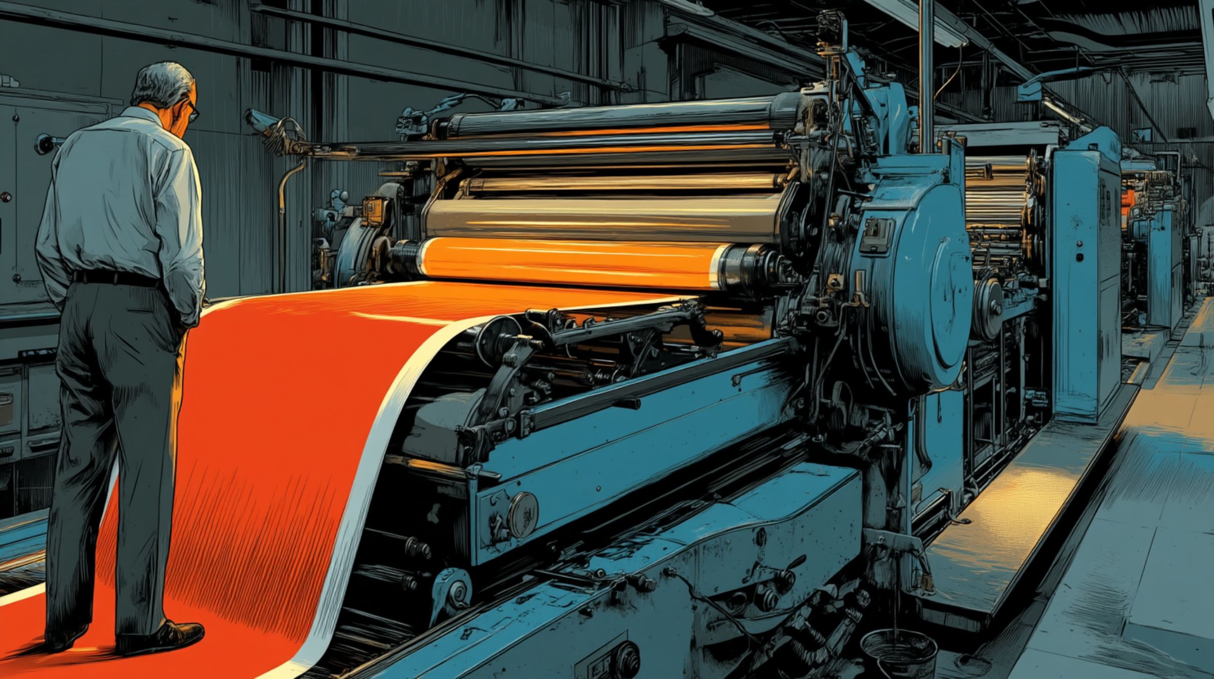 A craftsman inspects a stream of vivid red sheets running through a teal industrial press — art moving through the mechanics of culture.