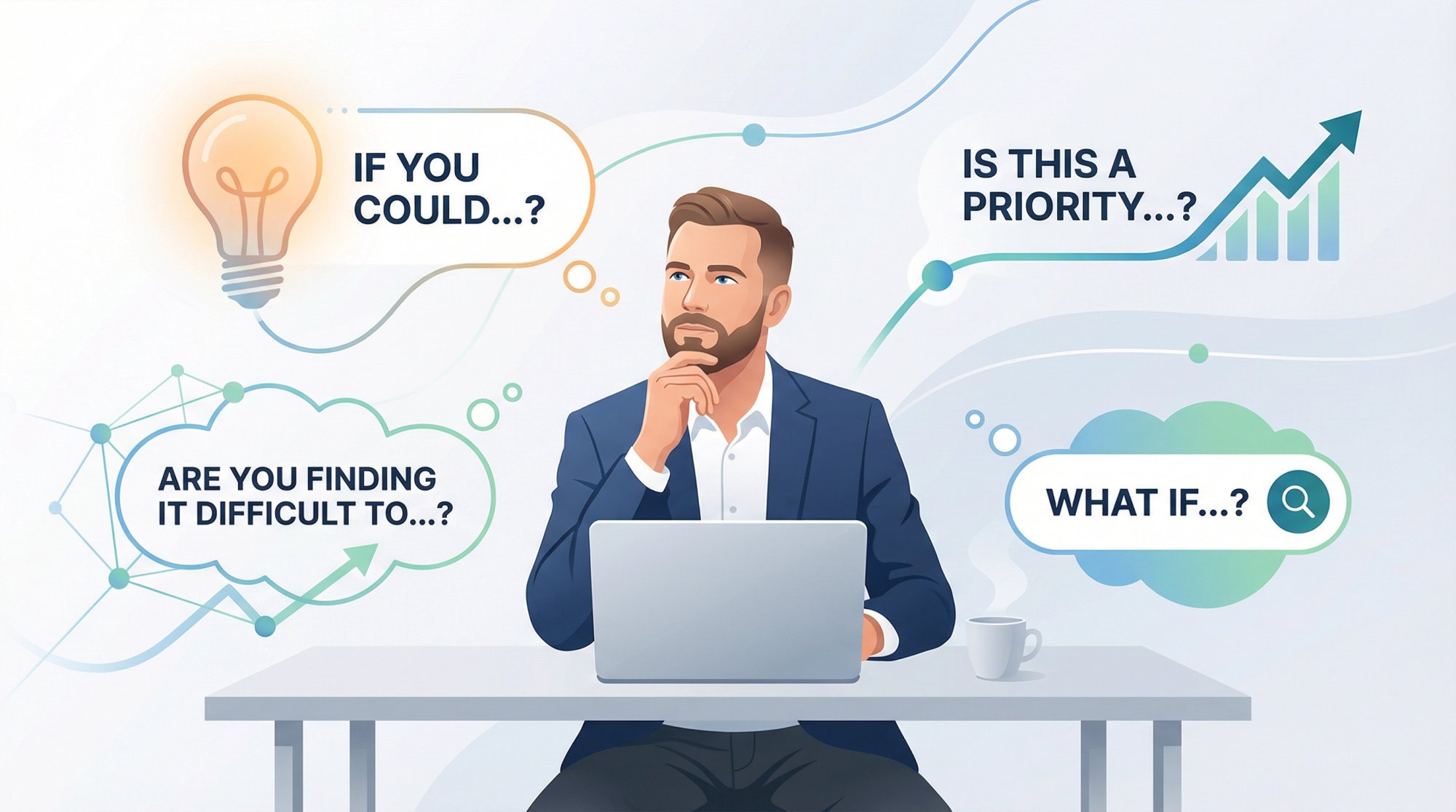 Professional illustration of a business professional contemplating a problem question, with thought bubbles showing strategic questions and clarity symbols representing how targeted questions spark prospect curiosity