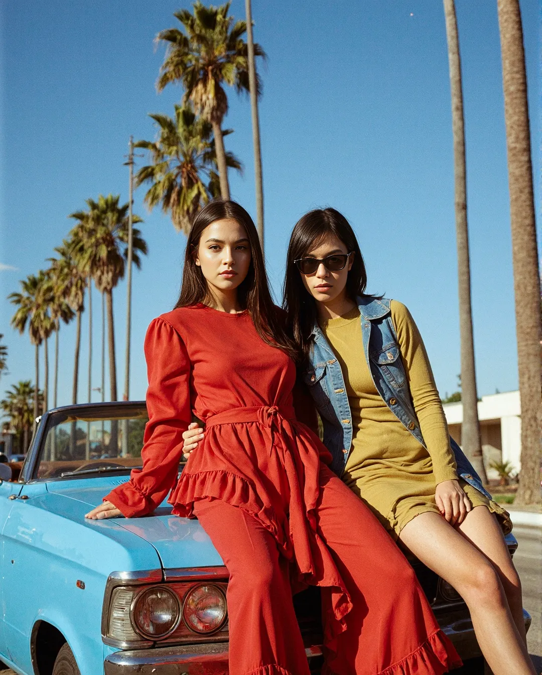 Two models in vibrant red and yellow outfits posing on a light blue vintage car with palm trees against a clear blue California sky