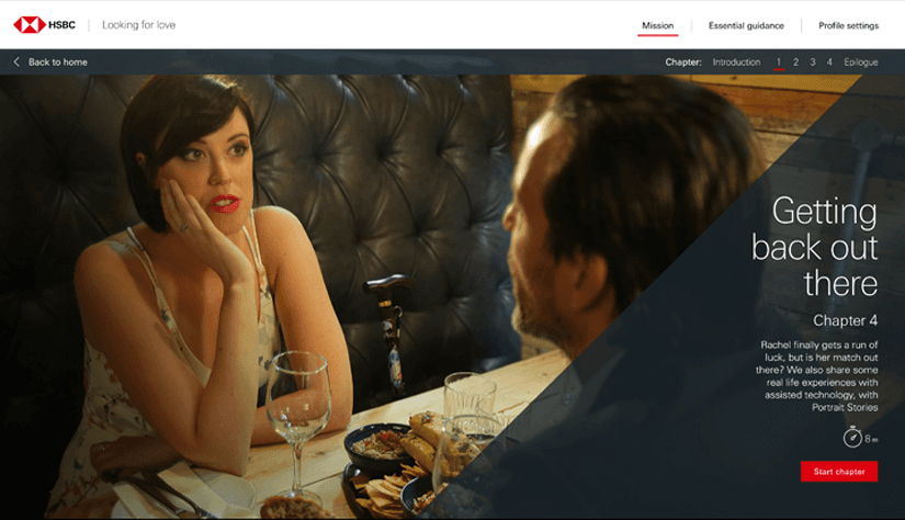 Two people talking over a dinner table, a still from the HSBC Accessibility Hub - a learning experience devised, designed and produced by us for HSBC