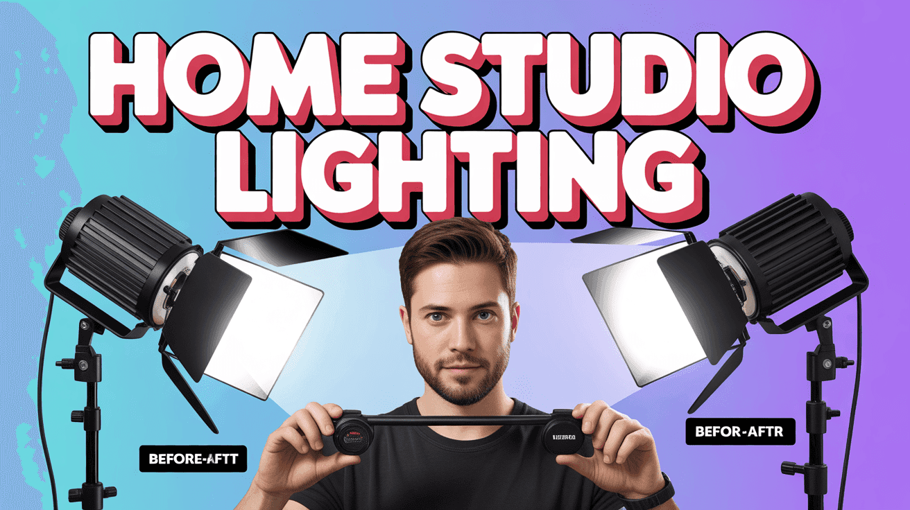Home Studio Lighting Setup Thumbnail, featuring a content creator adjusting studio lights with before-and-after split lighting and gear callouts