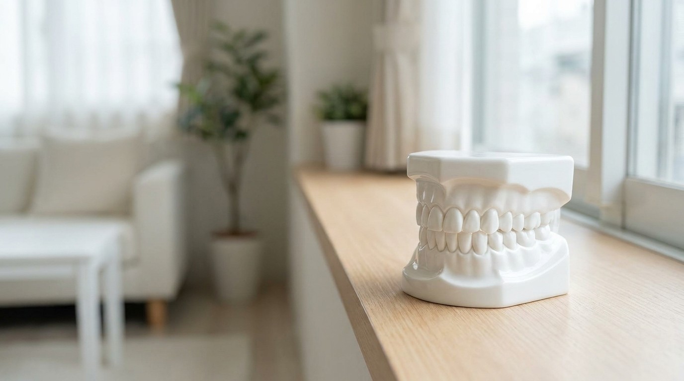 A clean dental teaching model resting on a wooden counter in natural light