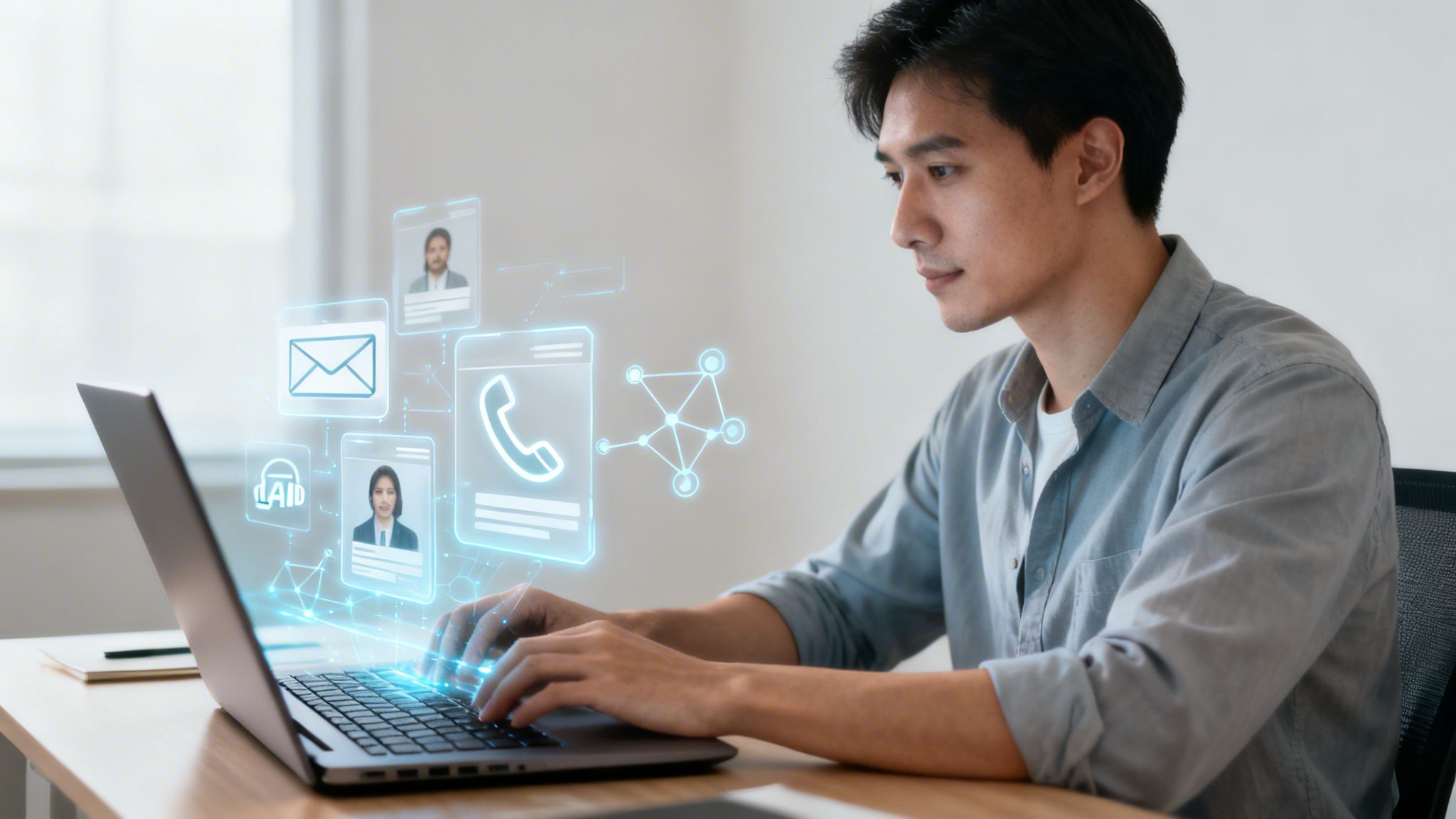 Hombre usando laptop con hologramas de comunicación digital, gestión de contactos y red profesional.