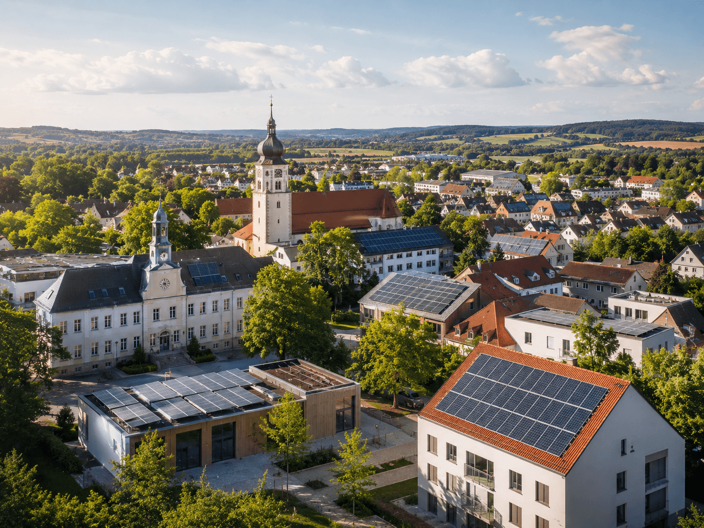 Luftaufnahme einer Gemeinde mit Solaranlagen auf den Dächern