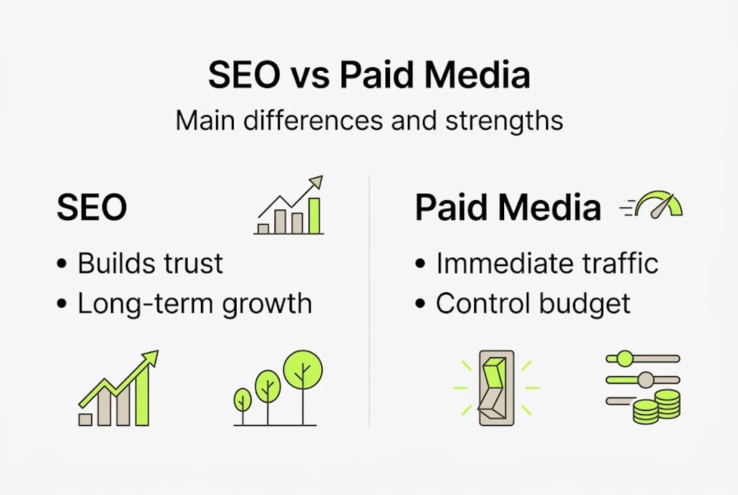 Infographic comparing SEO and paid media