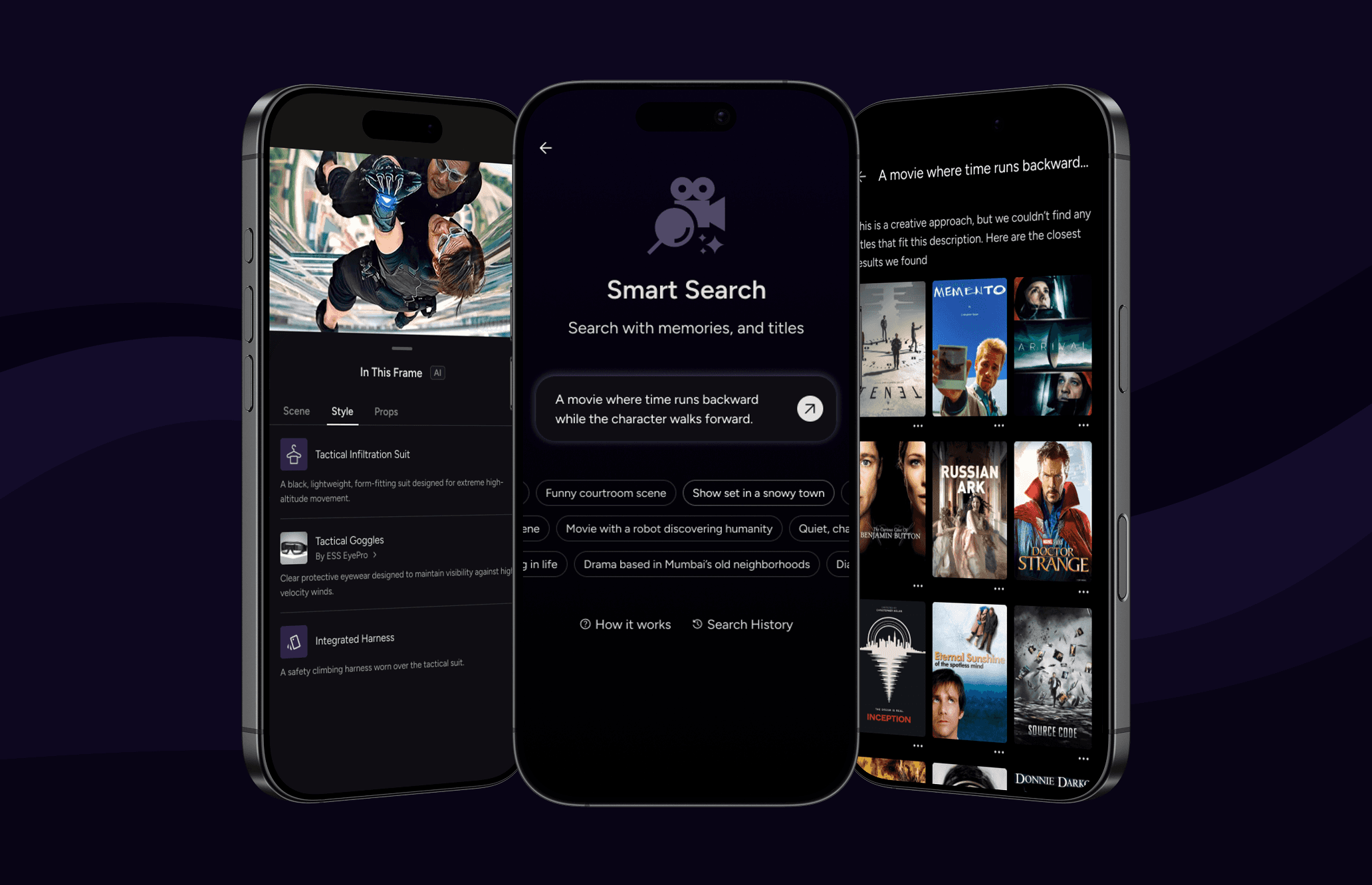 Three smartphone screens showing an AI-powered 'Smart Search' that finds movies based on visual memories and specific scene descriptions
