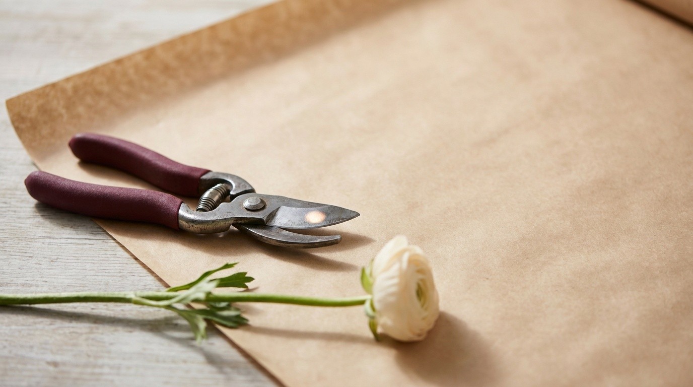 Wine-handled florist snips and a single cream ranunculus on kraft paper, evoking orders taken and delivery windows confirmed over the phone