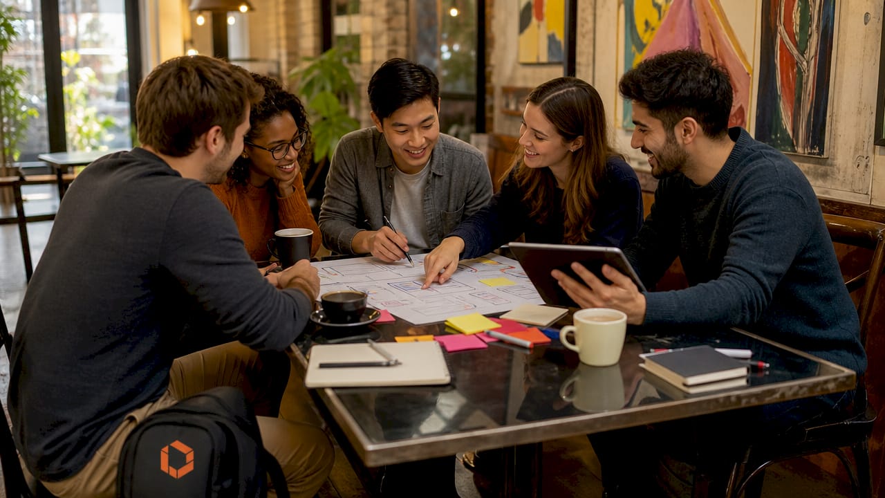 Startup team discussing custom software fit