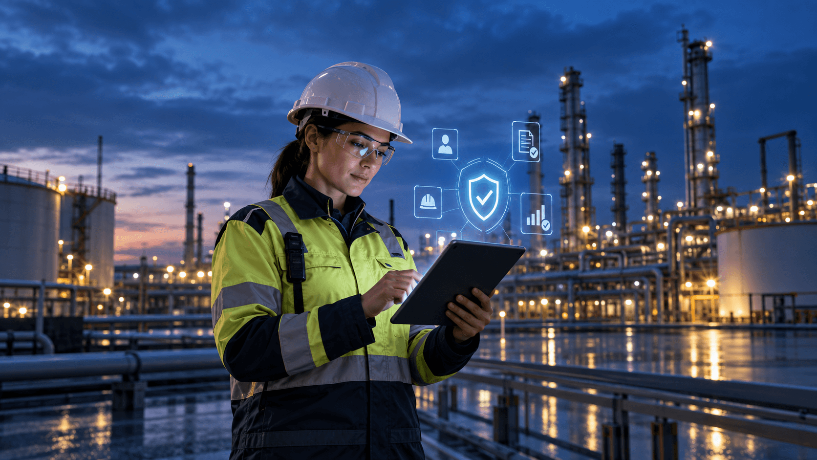 HSE professional using a secure digital workforce certification system at an energy facility