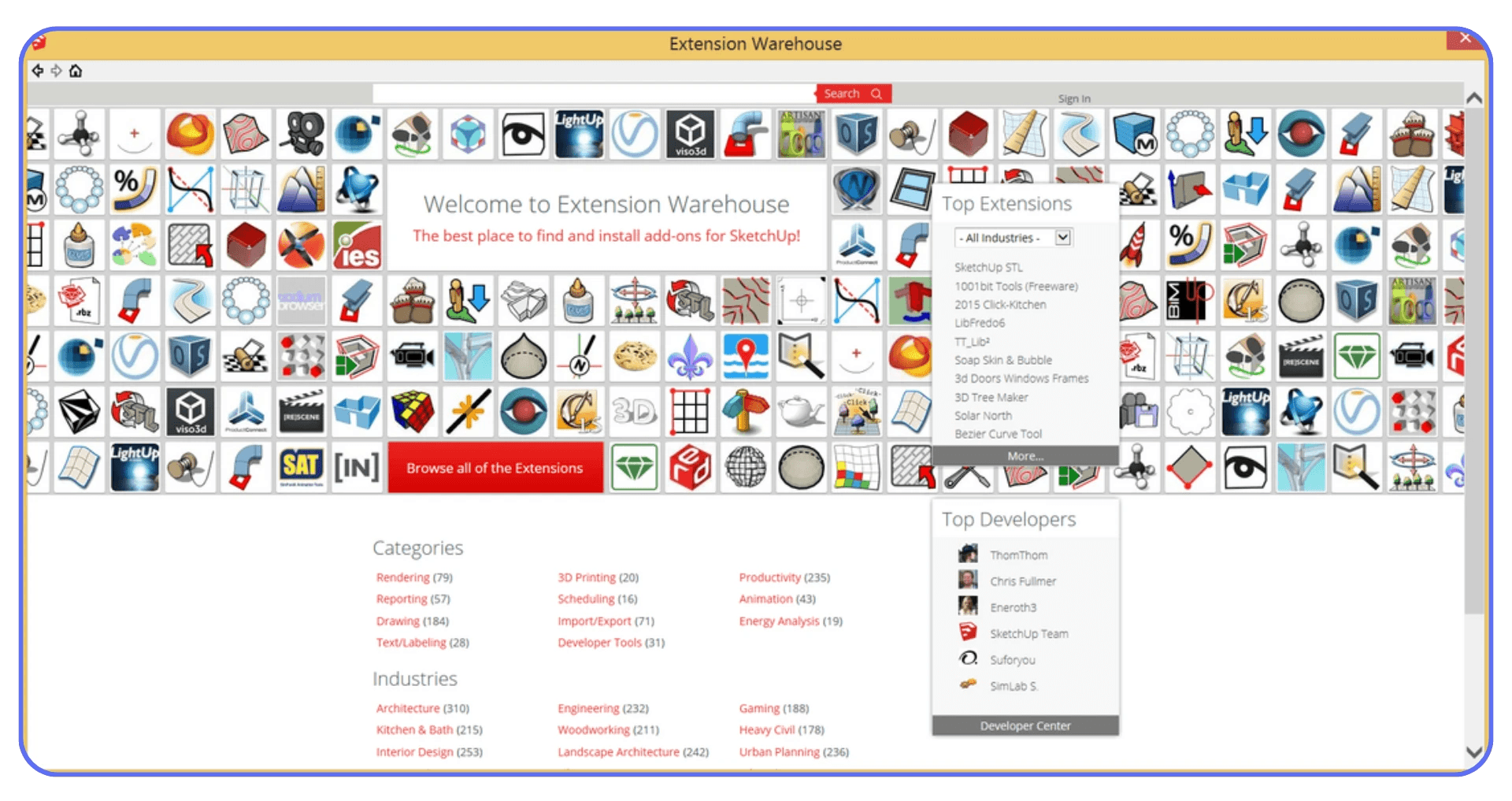 SketchUp Extension Warehouse interface displaying popular plugins and categories available for installation.
