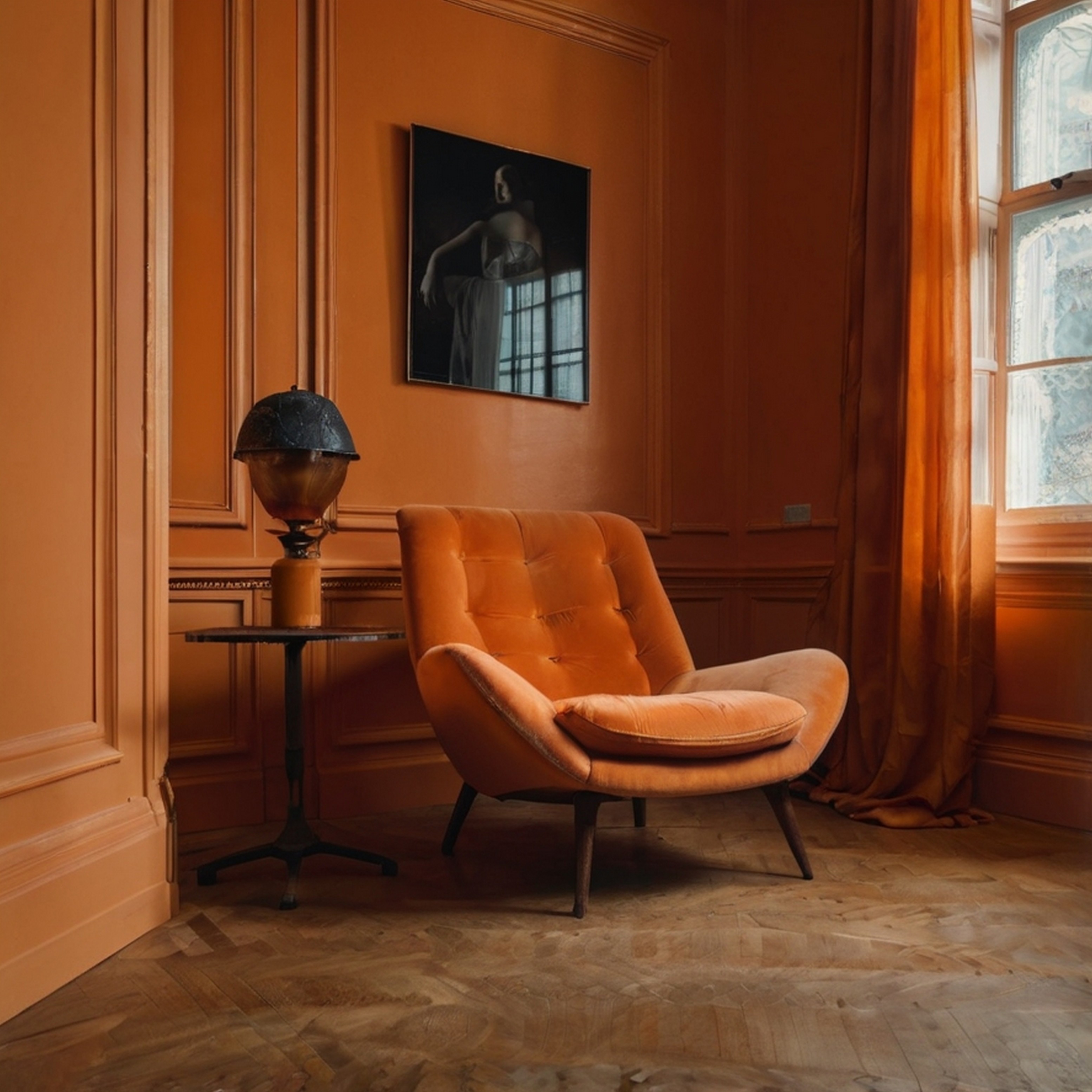 Minimal arched bedroom with wooden bed and seating.