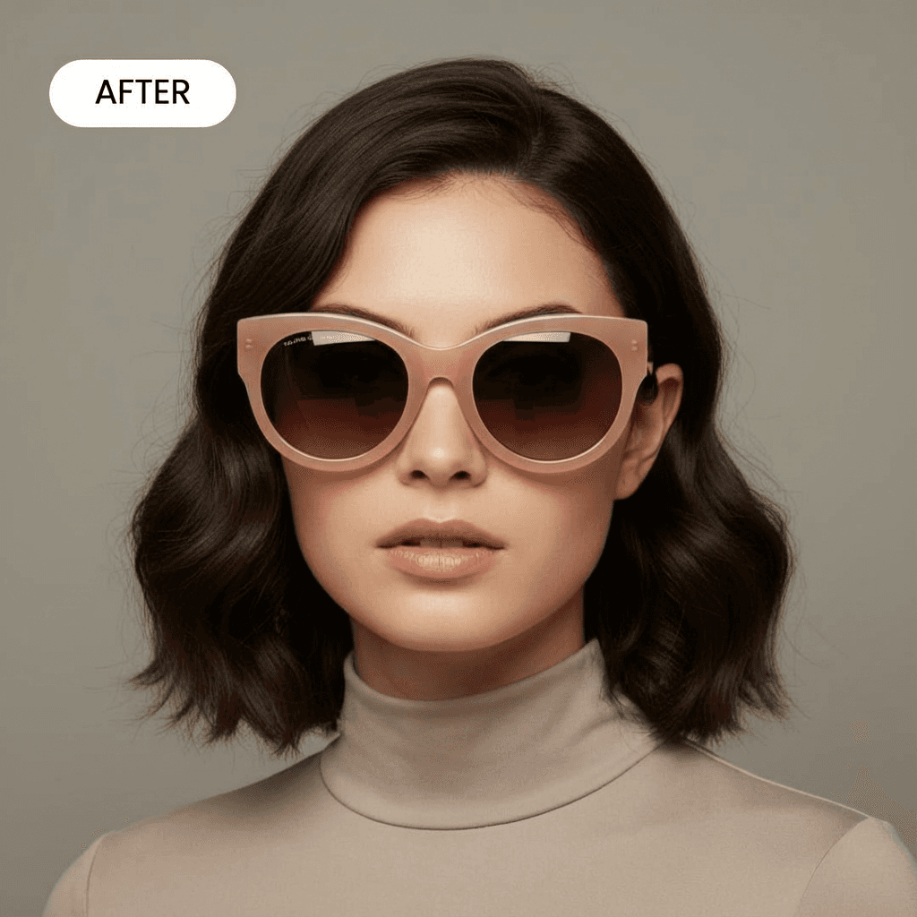 AI product photography: realistic AI-generated model wearing the brown sunglasses, front view studio shot