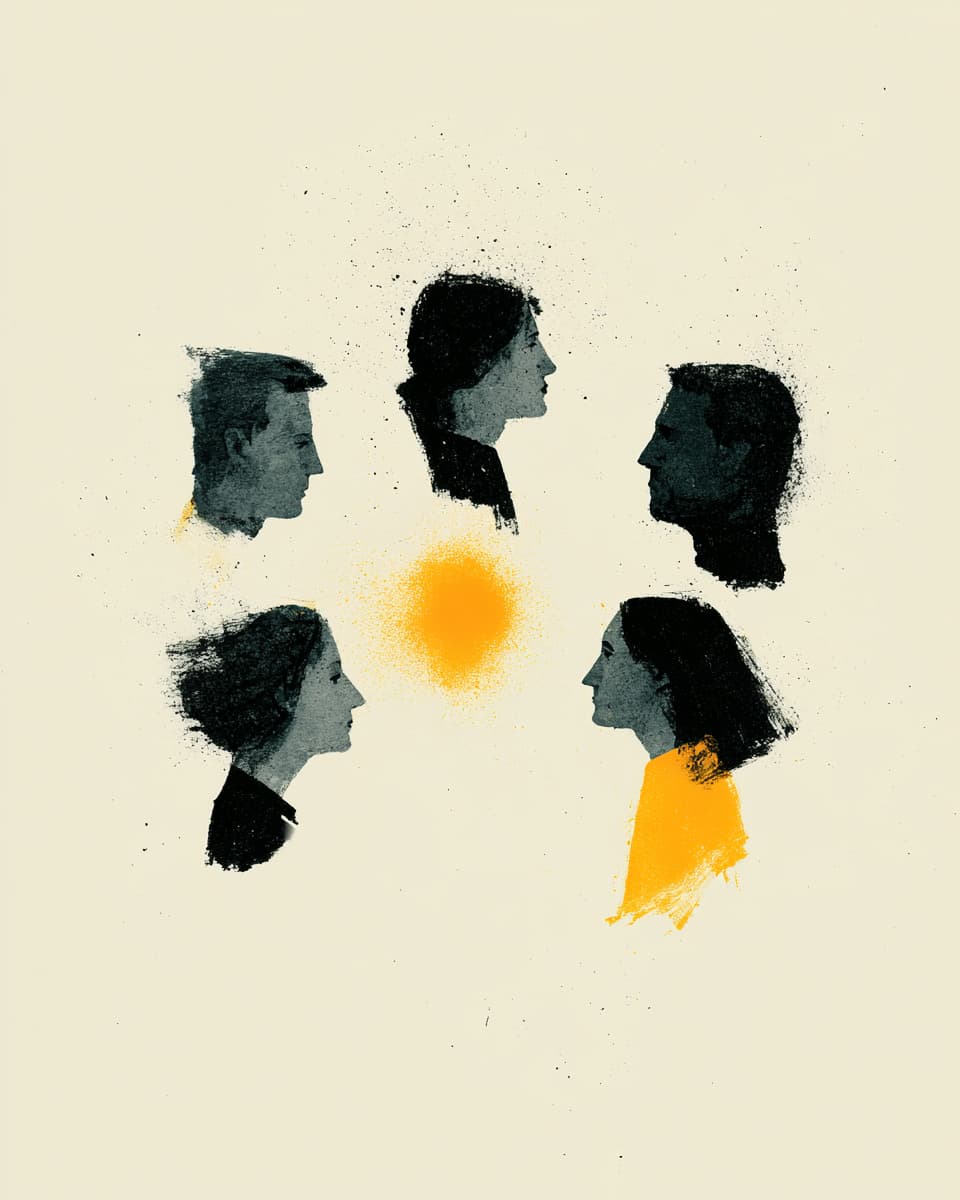 Illustration: Köpfe im Profil, abstrakt und farbenfroh, sonnenähnliches Zentrum.