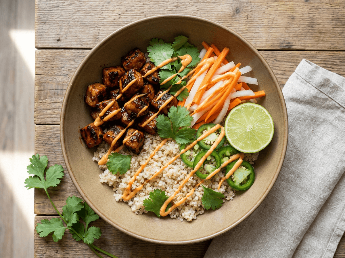 Deconstructed soya chunk banh mi bowl with pickled vegetables and quinoa