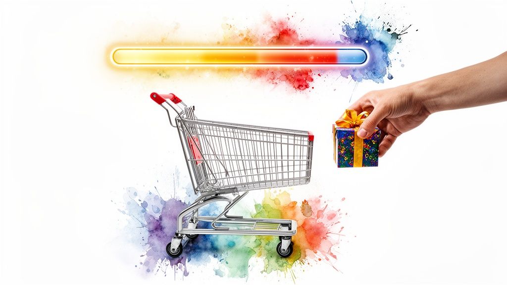 Hand placing a colorful gift box into a shopping cart with a progress bar and paint splatters.