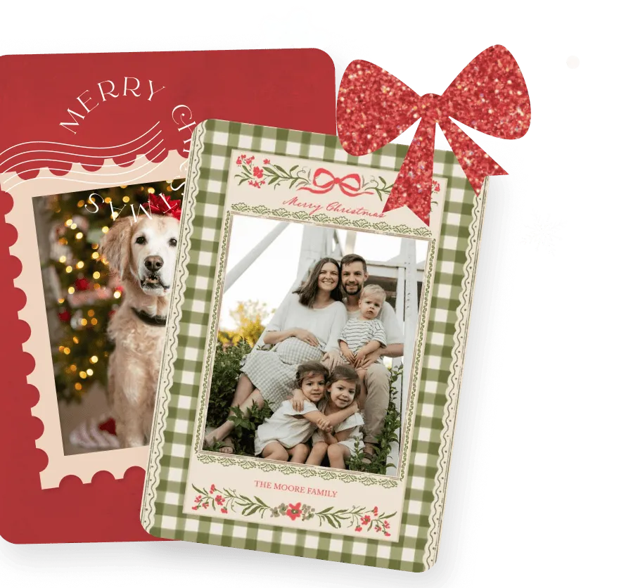 Holiday card samples with 'Season's Greetings' and 'Merry Xmas' photo designs