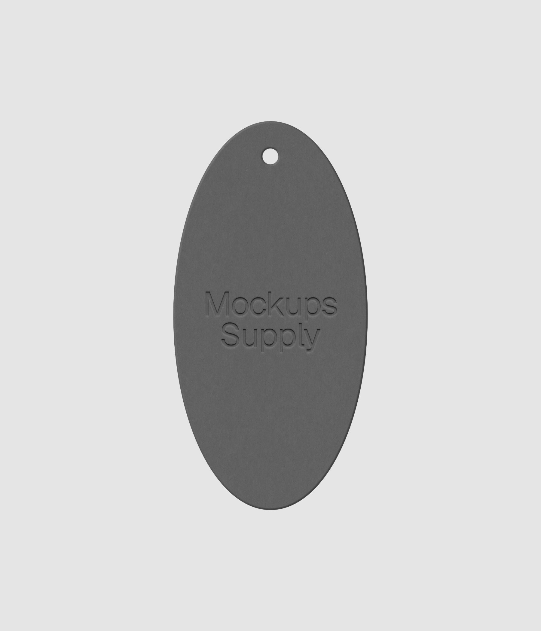 White elongated oval clothing tag featuring embossed logo design on dark backdrop for premium brand identity mockup