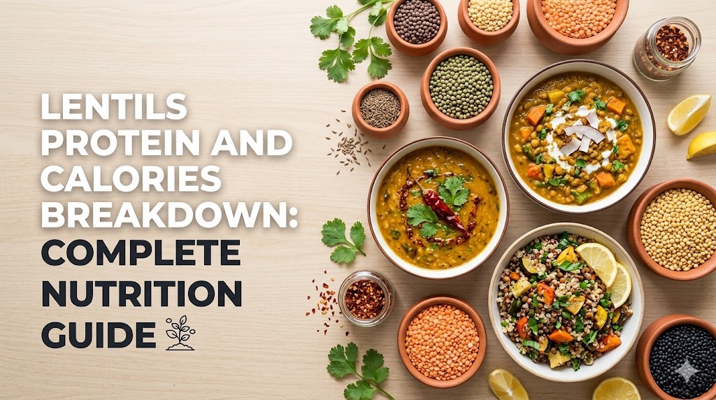 A top-down photograph of various lentil dishes, including dal, curries, and lentil salad, accompanied by small bowls of diverse raw lentil types (brown, green, red, yellow, black). Text on the left reads: “Lentils Protein and Calories Breakdown: Complete Nutrition Guide.” Fresh herbs and lemon wedges are scattered as garnishes on a light wooden background.