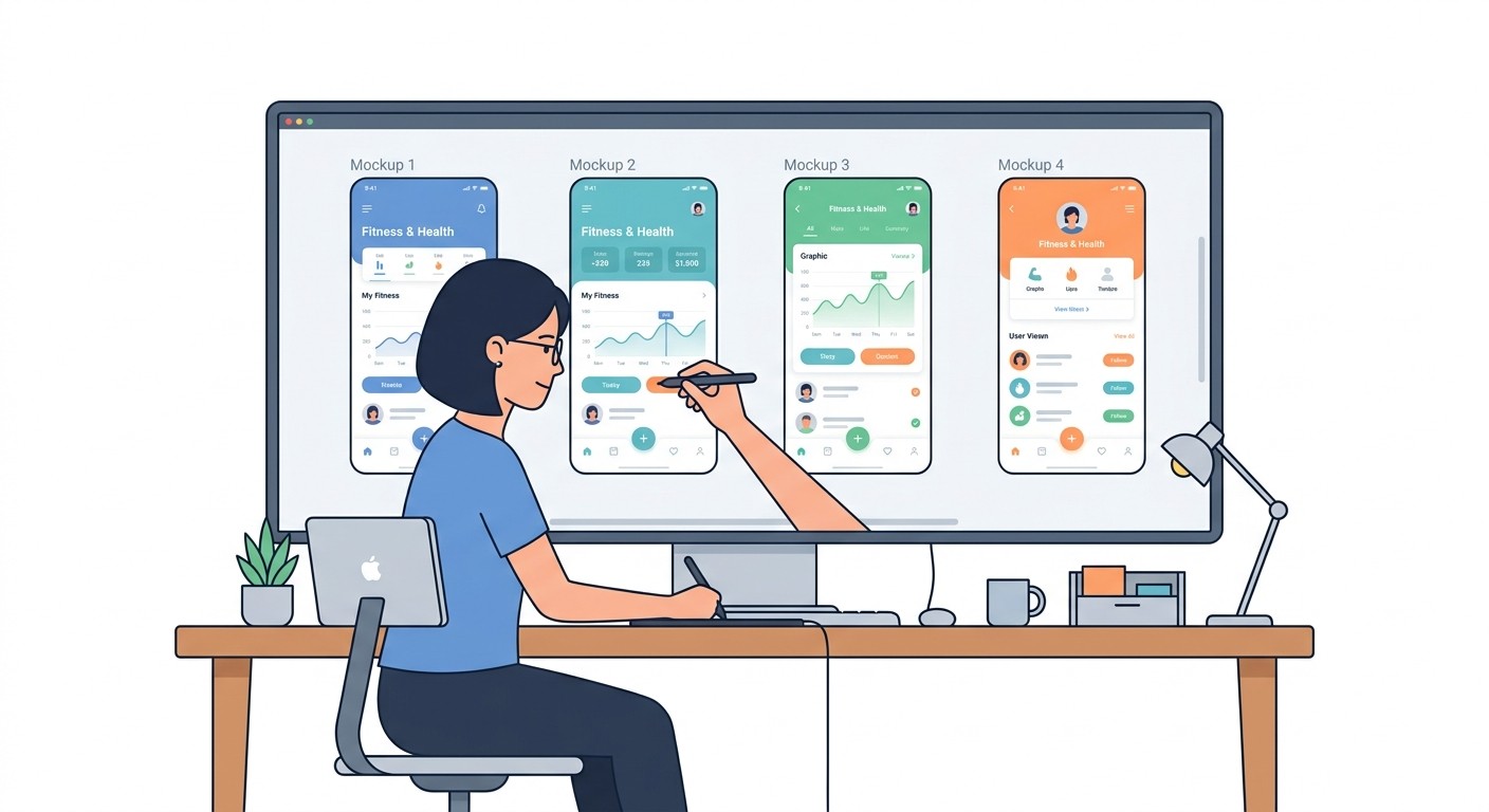 Flat illustration of a person planning app development stages on a whiteboard with colorful sticky notes and arrows.