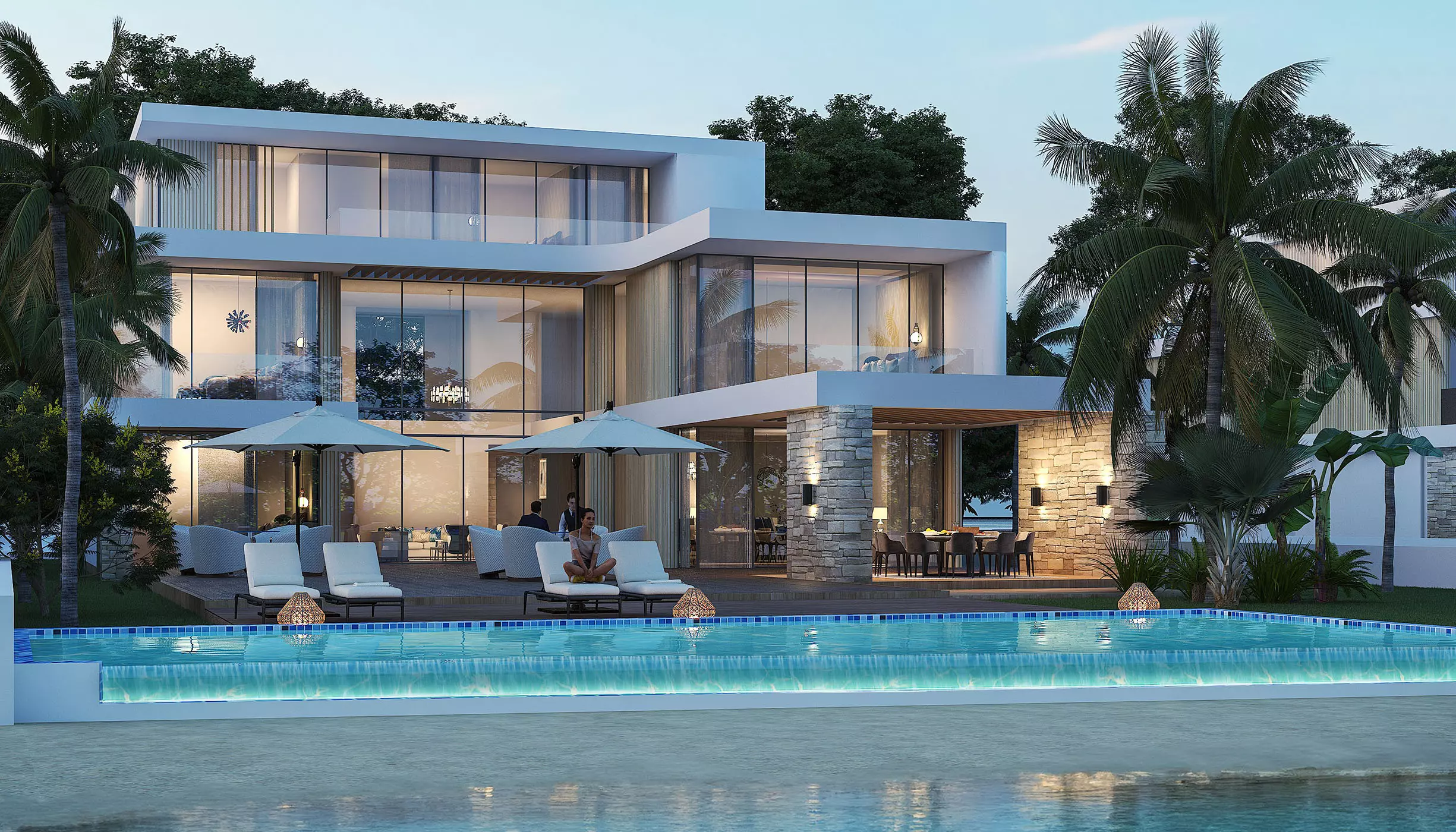 A modern villa at The Aster Apartments featuring a pool and a stylish lounge area for relaxation.
