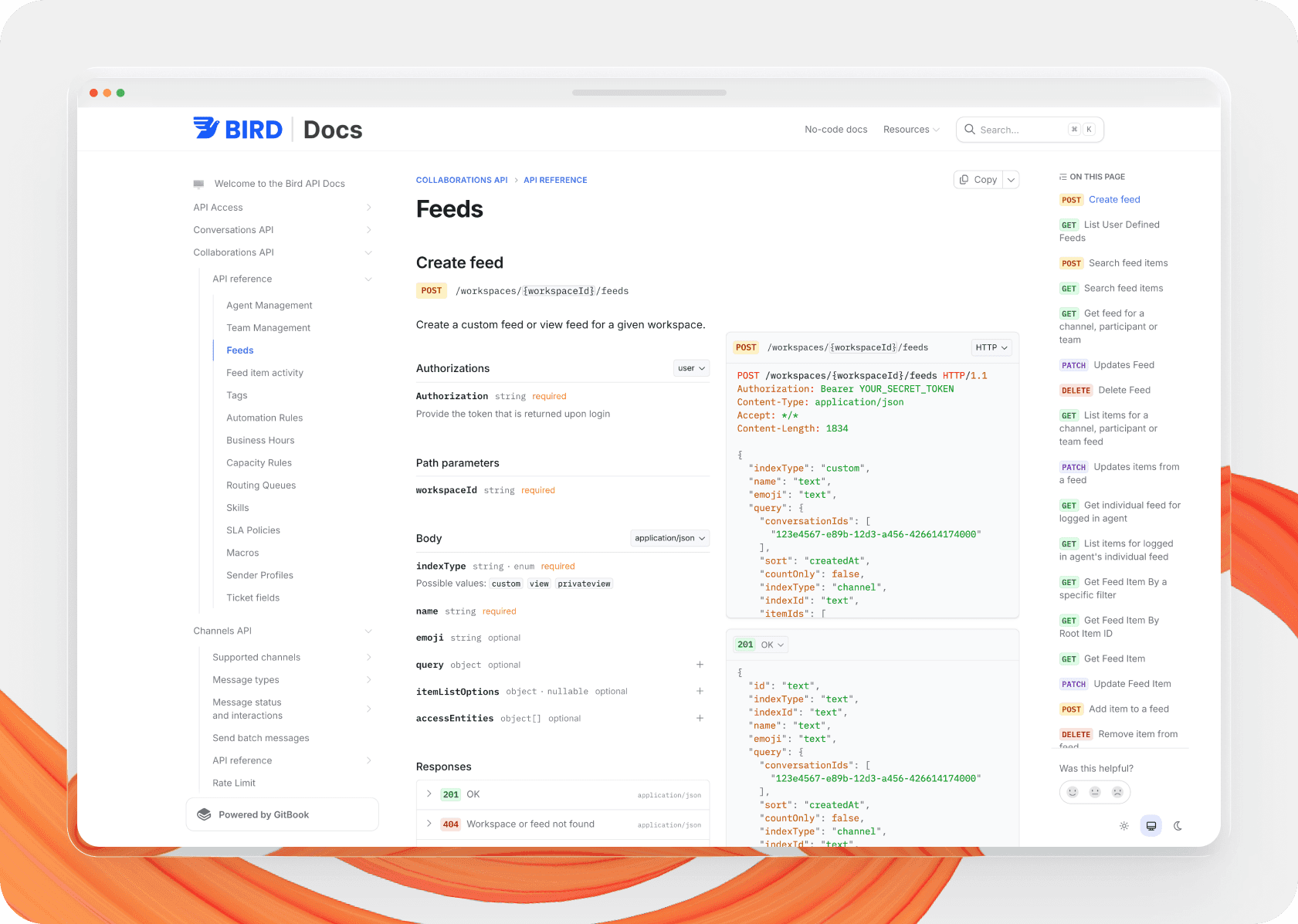 A screenshot of Bird's documentation as an example of API documentation