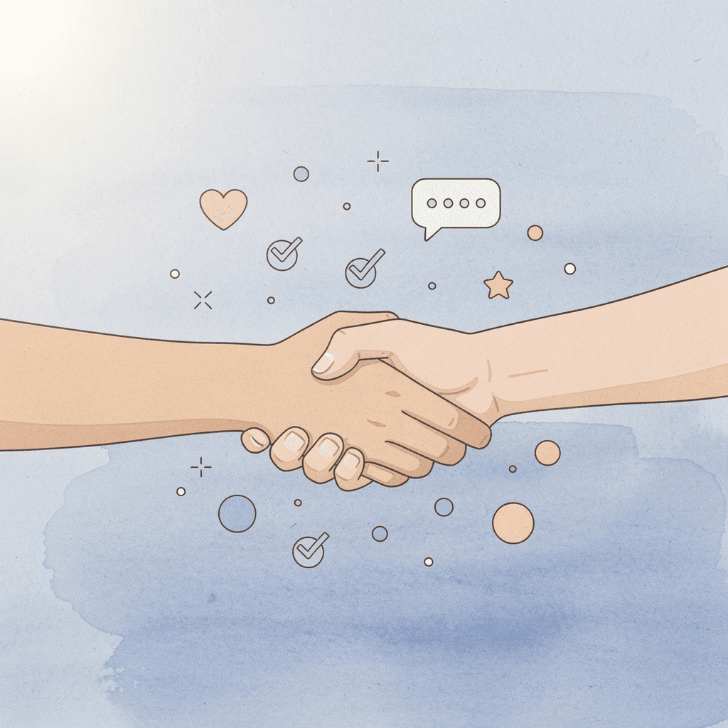 Illustration of a handshake with floating brand and gift icons representing client loyalty through company swag