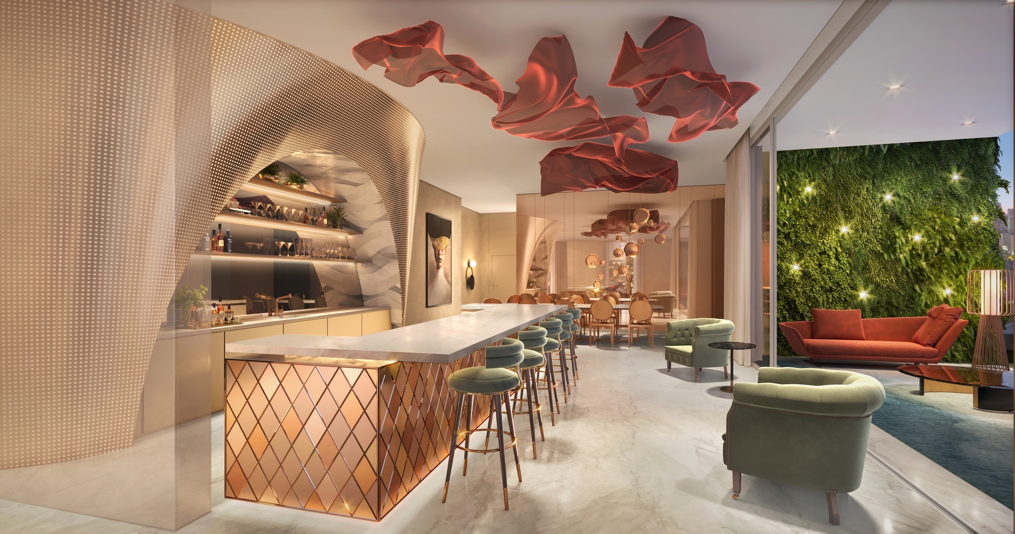 Curved modern skyscraper against a clear blue sky.