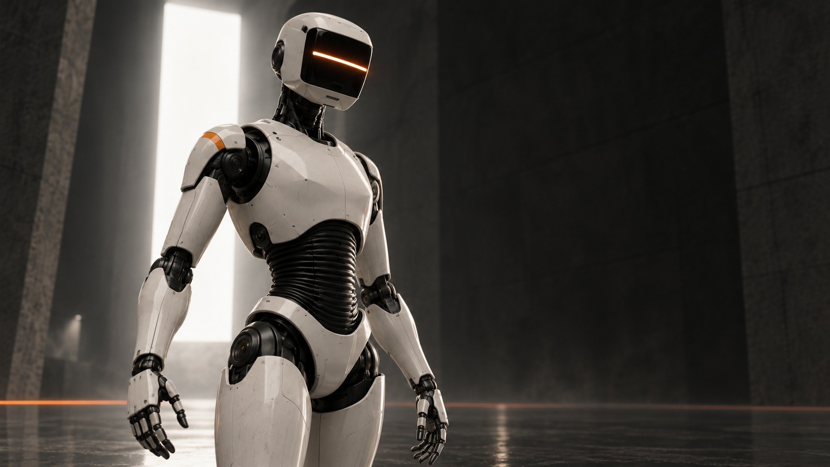 Ivory dancing robot in a charcoal studio