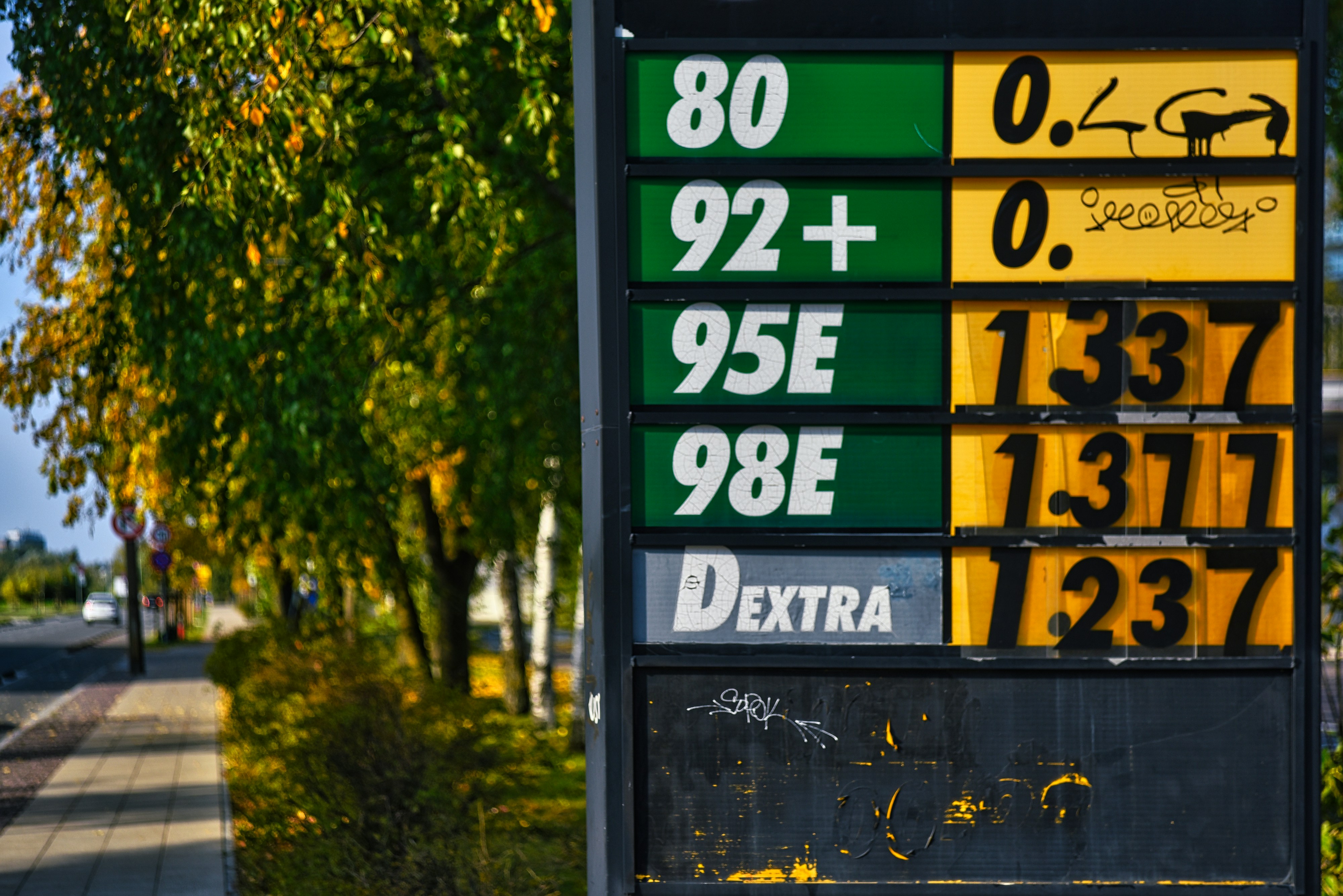 Gas prices displayed on a sign at a station.