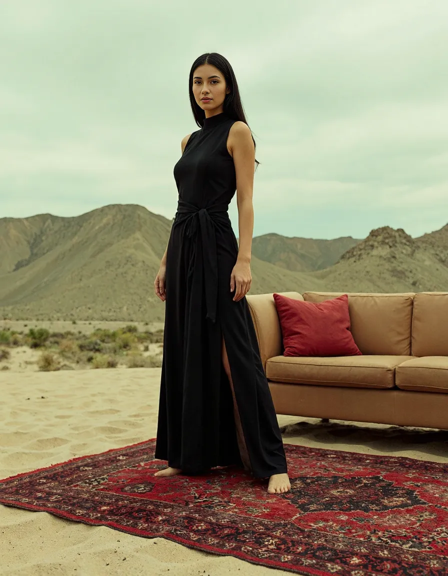 Elegant black dress contrasted against desert landscape with vintage sofa and red Persian rug, mountains in background under muted sky