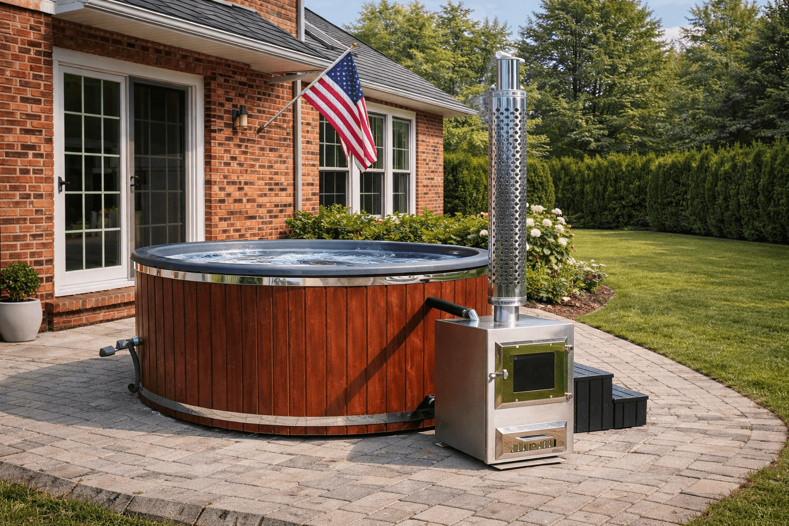 A modern home exterior features a staircase, landscaped yard, and a small white object near the steps.