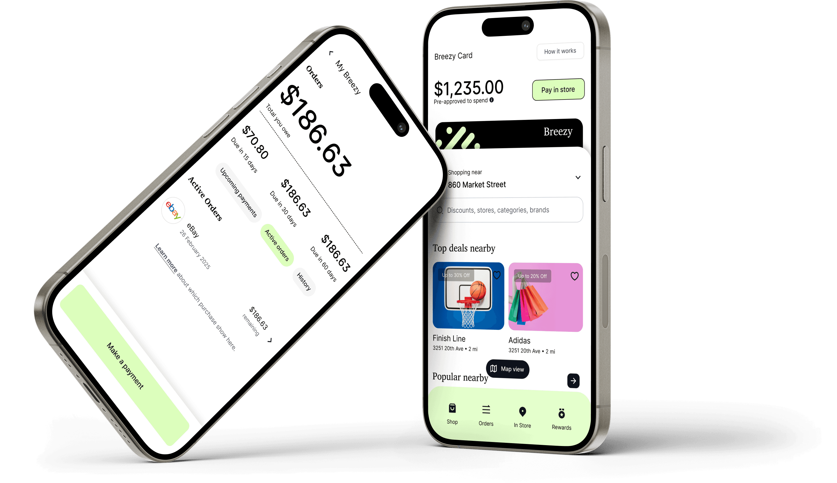 photo of 2 cell phones showing parts of the breezy app