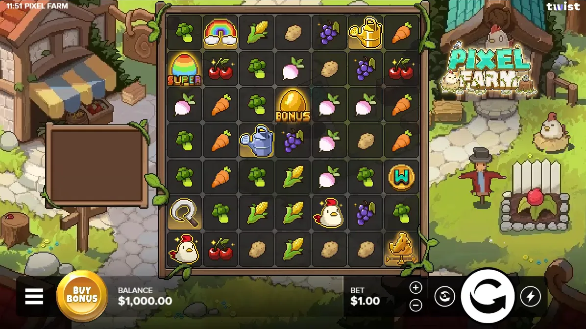 Pixel Farm — grille 7×7 et symboles spéciaux du jeu