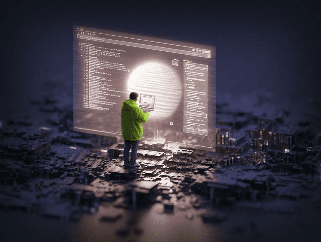 Voxel-style miniature scene of a person analyzing a large glowing interface, symbolizing in-depth evaluation, usability issues and UX audit processes.