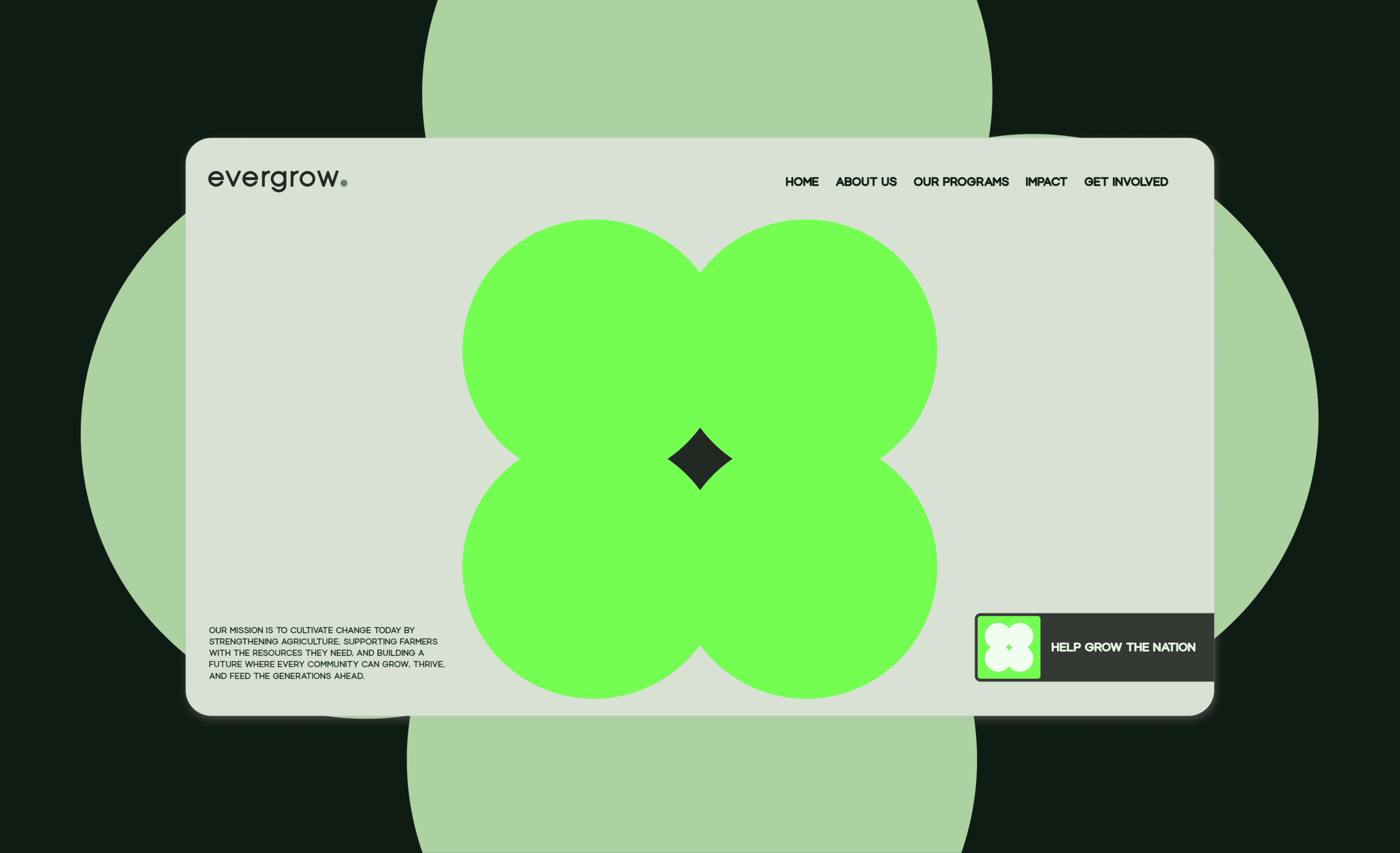 The image shows a website homepage with a minimalist design, featuring a large green floral pattern at the center, set against a light grey background, with a navigation menu at the top and call-to-action "Help Grow the Nation" at the bottom.