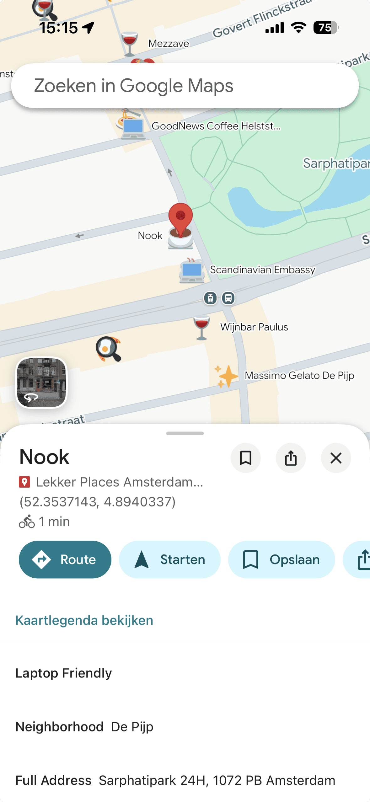 A pin opened in Google Maps showing the vibe note and description