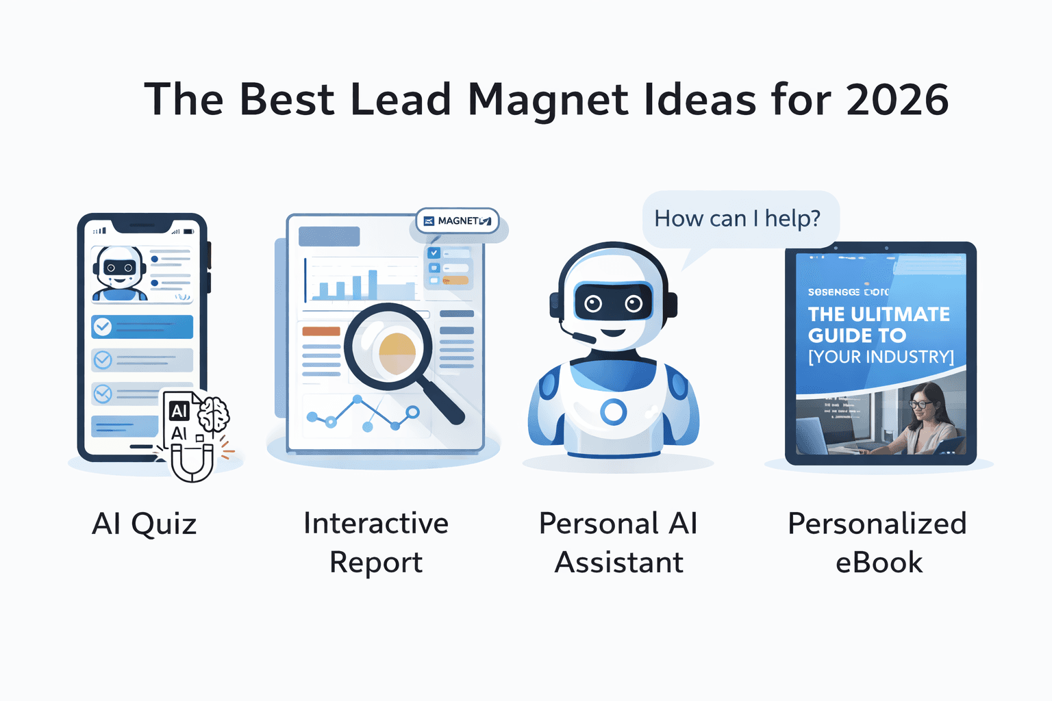 Illustration presenting “The Best Lead Magnet Ideas for 2026” with visual examples of interactive lead magnets such as an AI quiz, an interactive report, a personal AI assistant, and a personalized ebook.