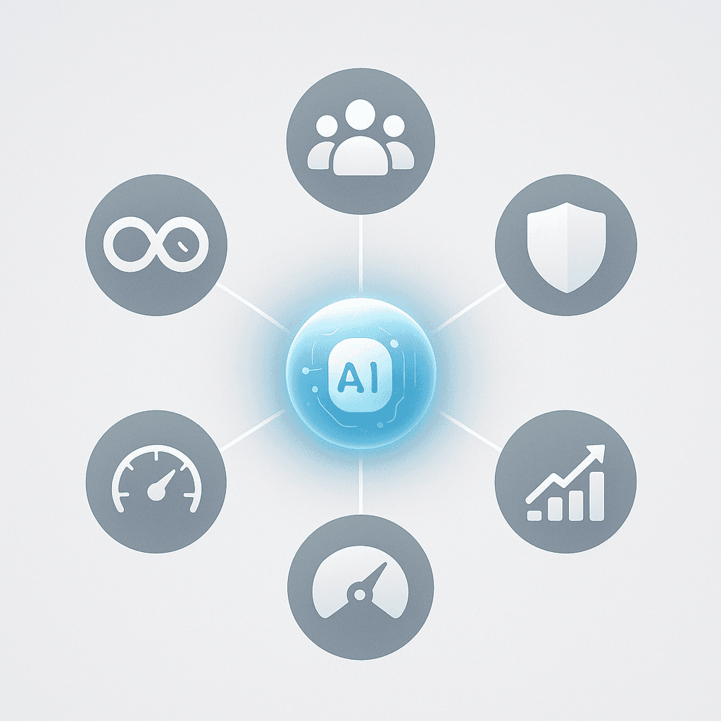 Central AI icon with surrounding symbols depicting 24-7 access, scalability, quality and privacy benefits
