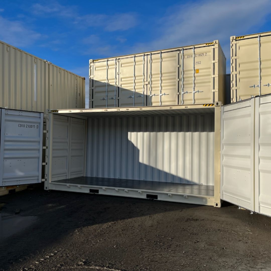Side view of 20' New Open Side container with the open doors