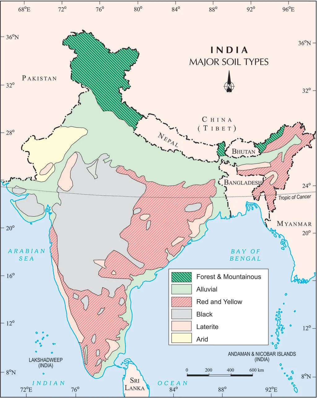 Map of India showing the geographic distribution of its six major types of soils.