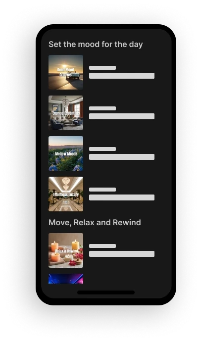 A smartphone displays a list of items, featuring images and titles in a dark interface.