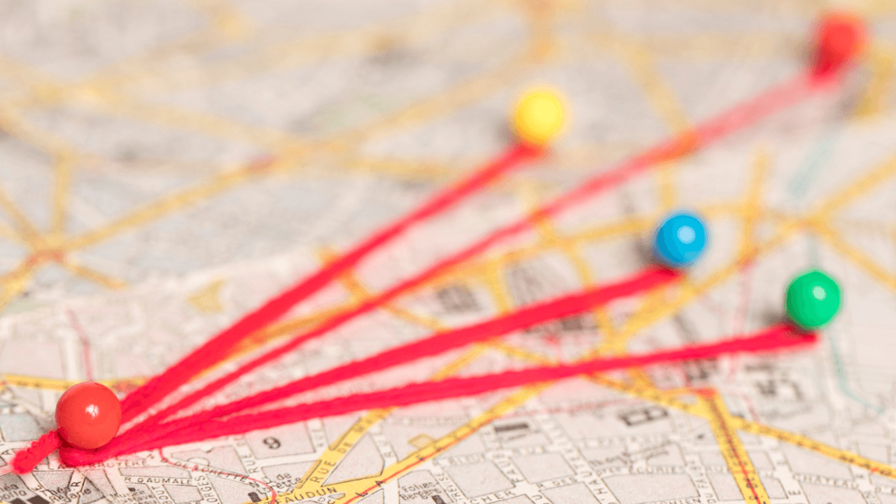 Colourful pins on map