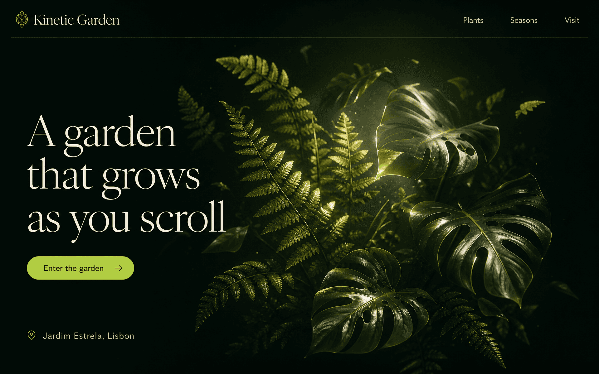 Kinetic Garden homepage — “A garden that grows as you scroll” with 3D leaves