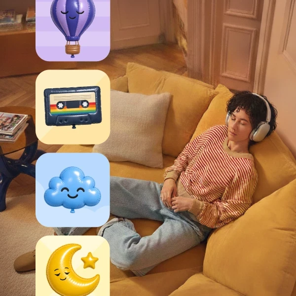 Person relaxing with headphones and Psychia app wellbeing icons