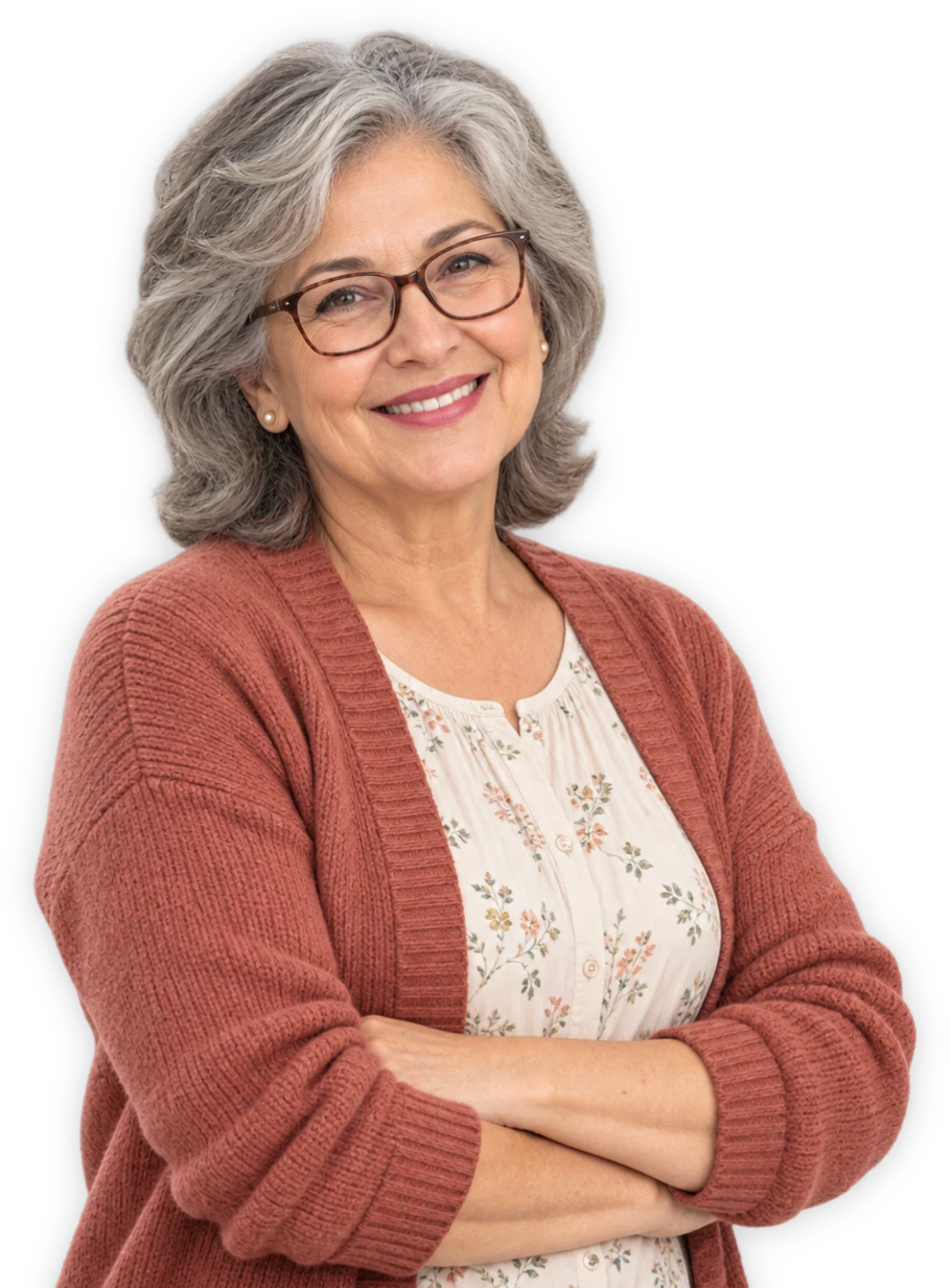 Smiling older woman with gray hair and glasses in a rust cardigan