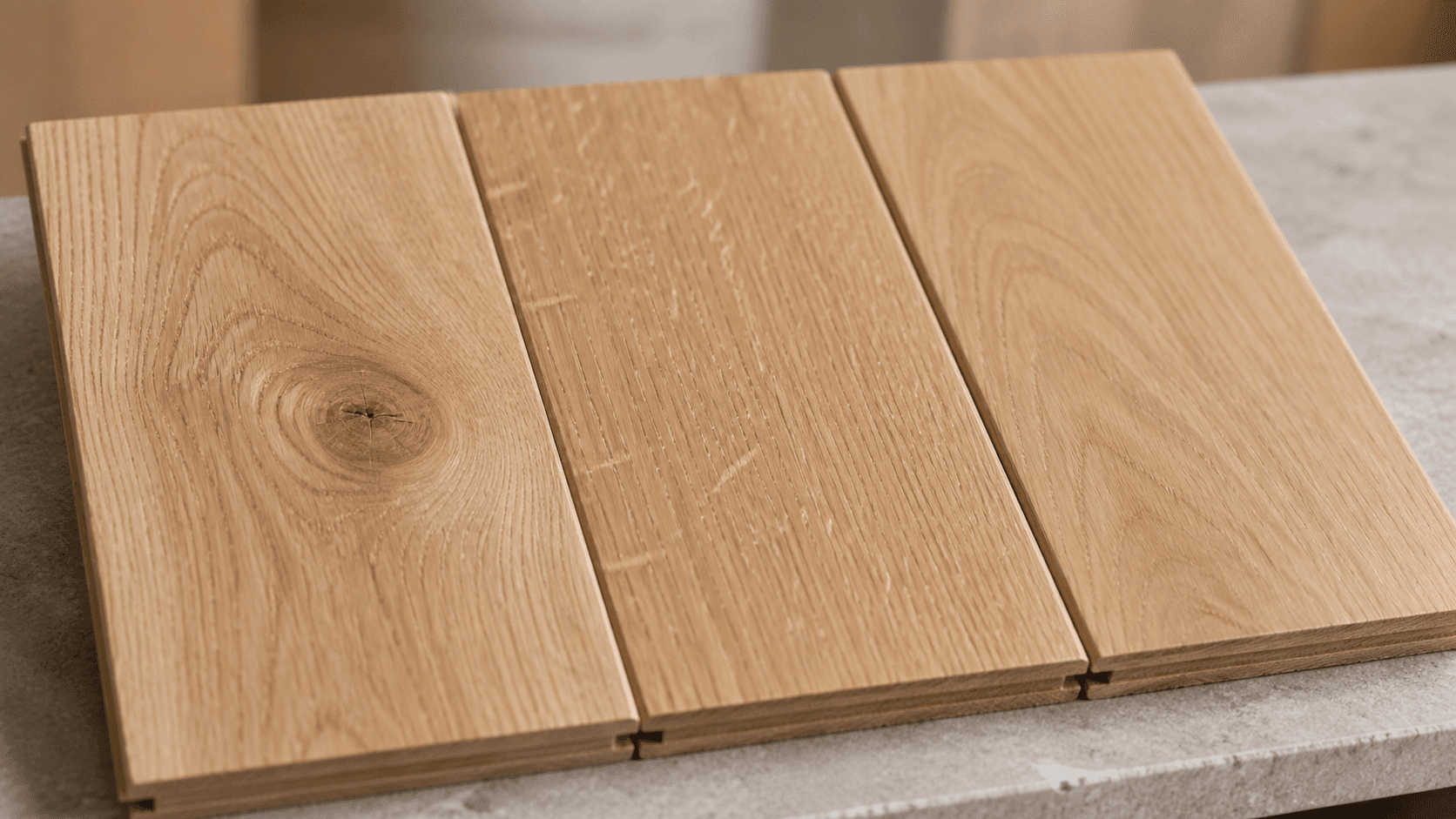 Nœud sain, maille et veinage sur trois lames de parquet en chêne