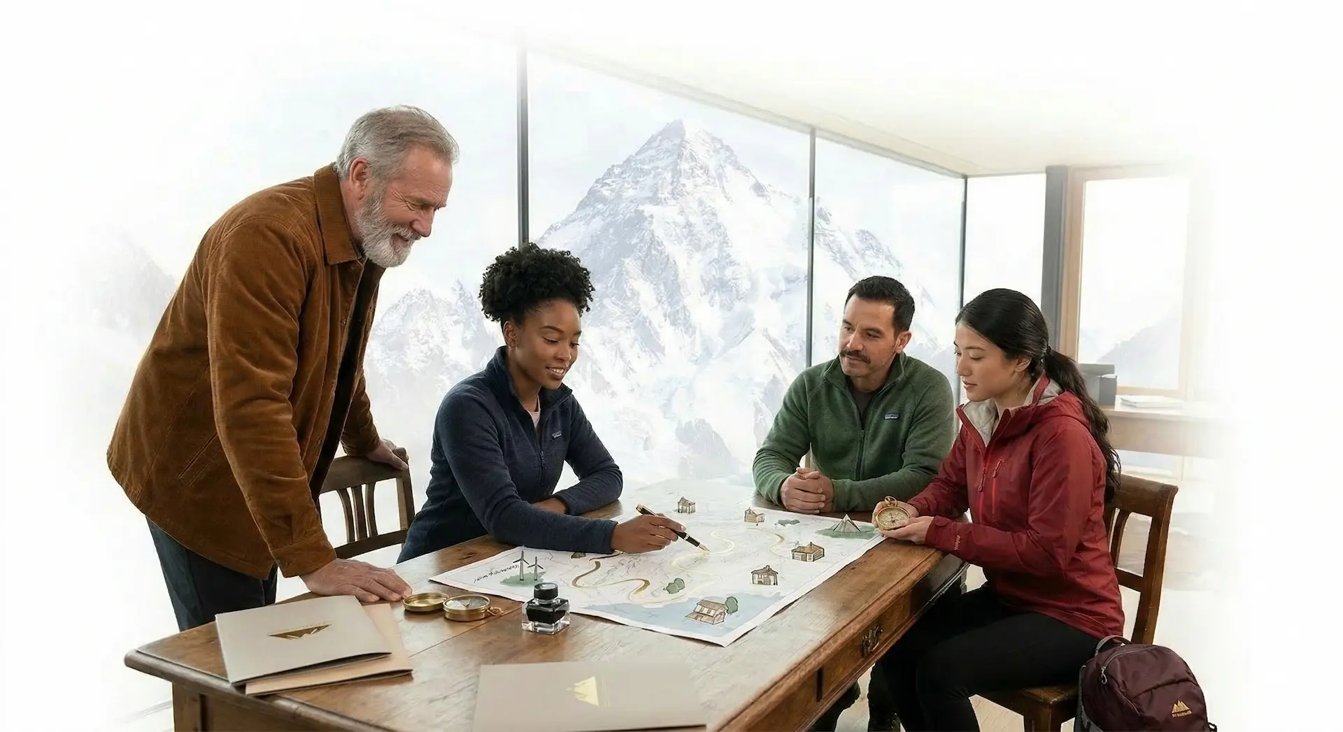four people reviewing a map and creating a process