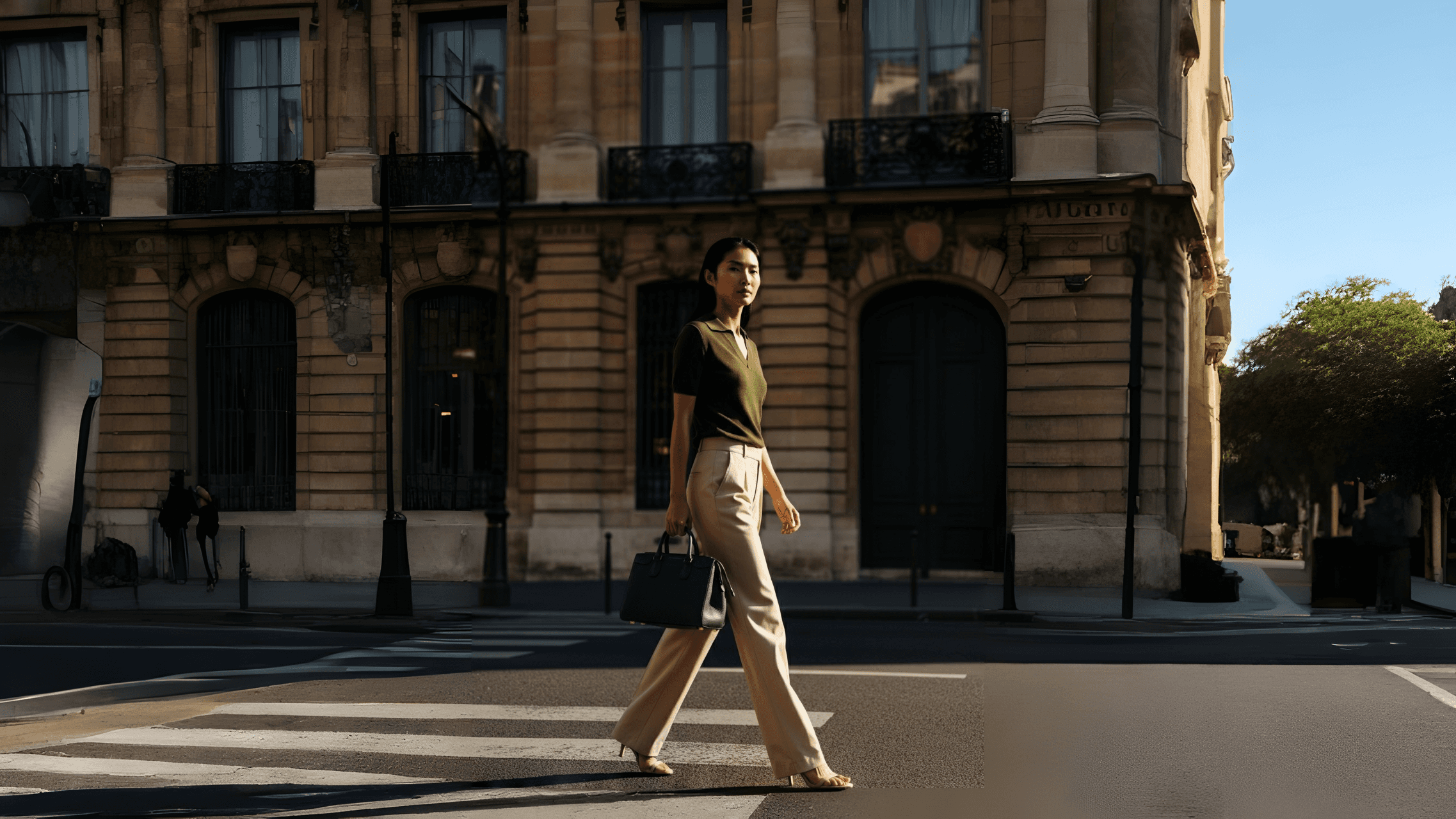 Asian woman walking down the street with a green handbag.