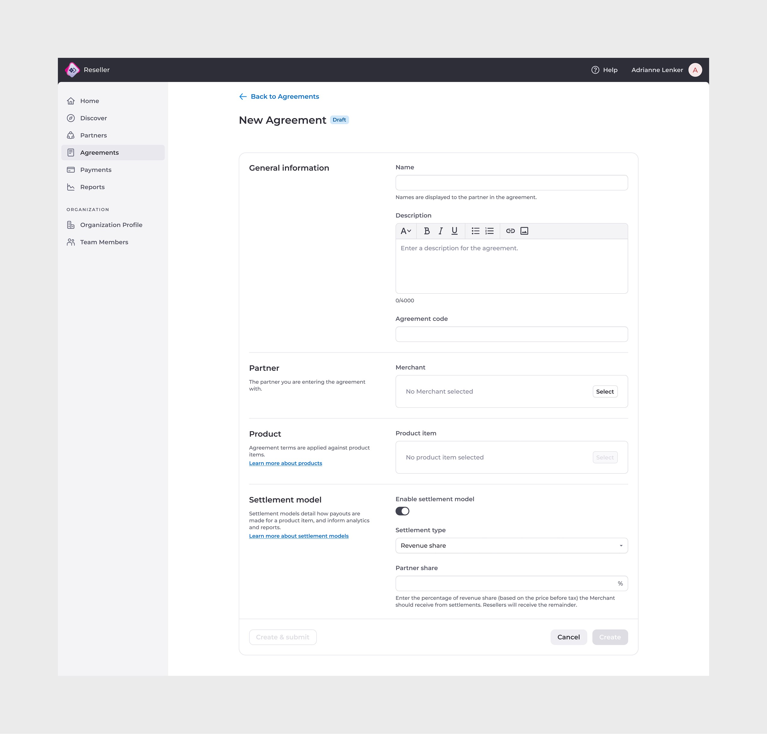 Reseller view - New Agreement (desktop)
