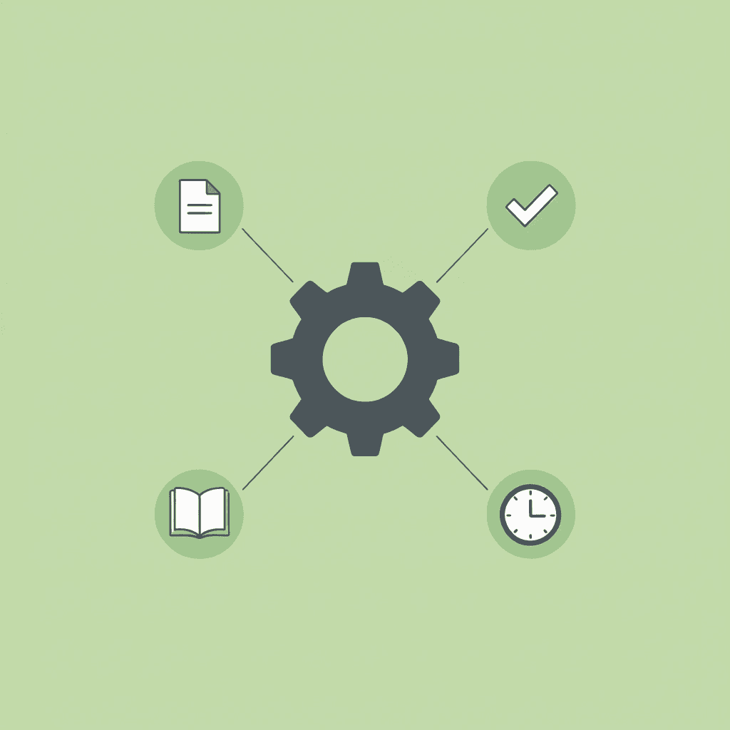 Central paper icon surrounded by four decision points: relevance assessment, findings extraction, organization method, and storage location